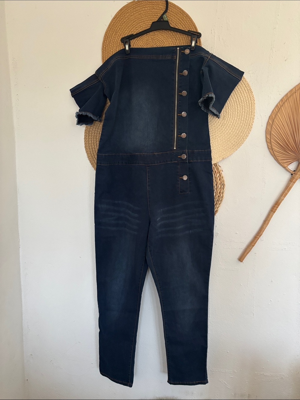 VIP Dark Blue Denim Button-Front Short Sleeve Jumpsuit